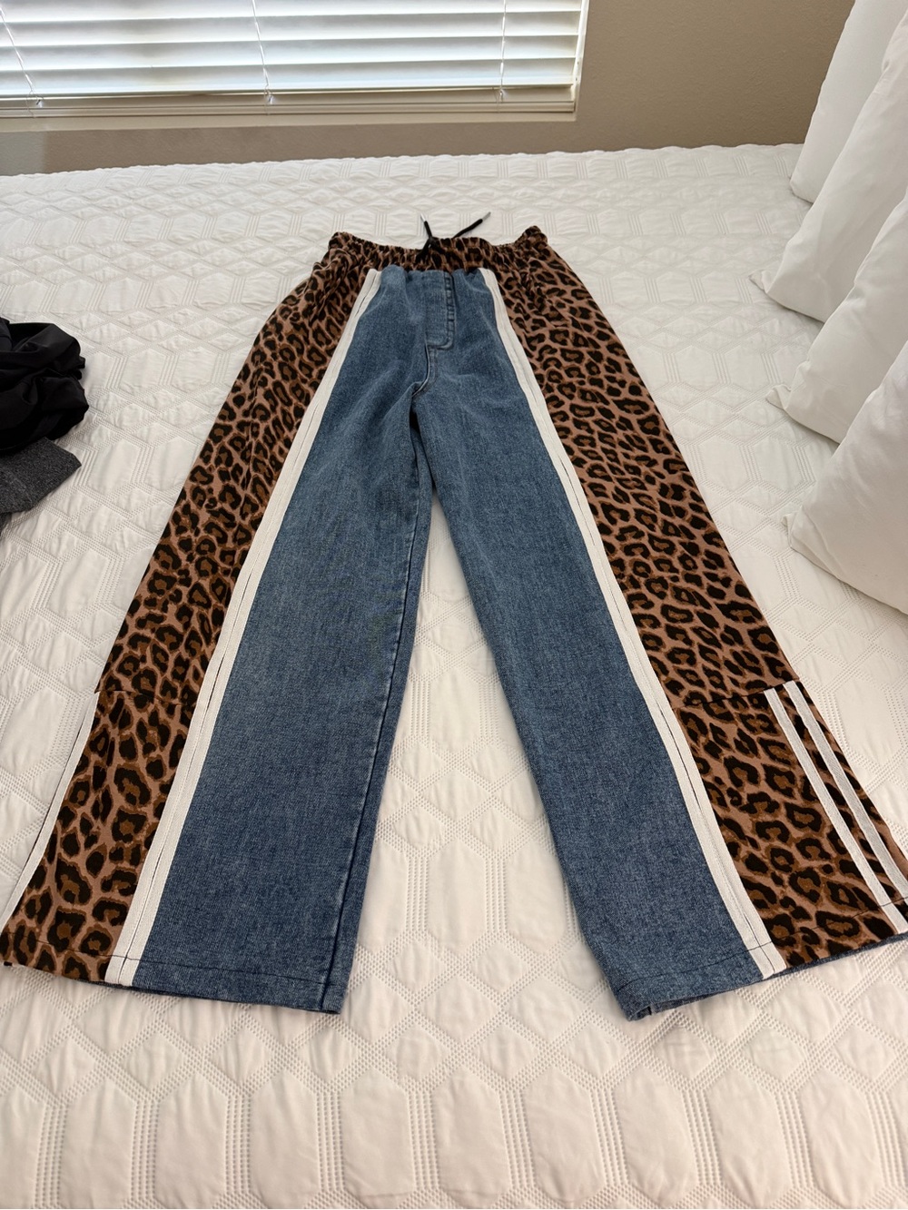 Leopard-Panel Straight Leg Jeans in Blue and Brown
